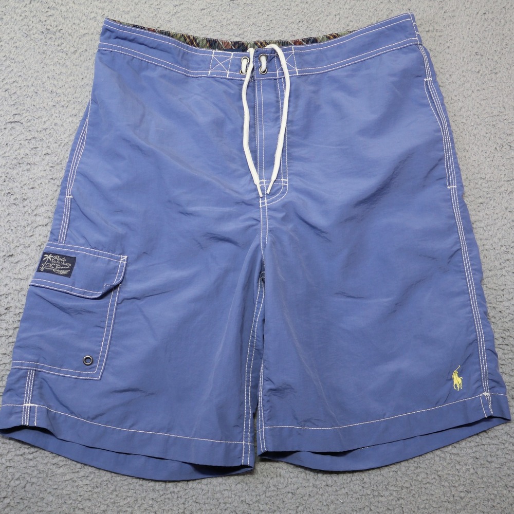 Polo Ralph Lauren Mens Swim Trunks Blue Cargo Board Shorts‎ Small Plaid Trim